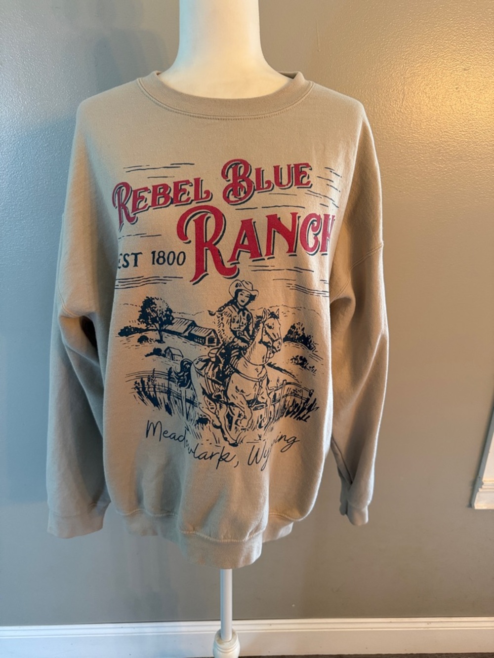 Gildan Beige Crewneck Sweatshirt with Red & Navy Graphic